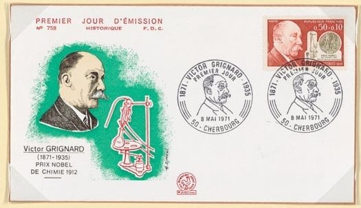 Estampilla conmemorativa del primer día de emisión de un sello en honor a Victor Grignard