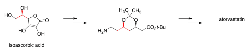 Síntesis de la atorvastatina en la química de la producción (proceso) comercial. El paso clave para establecer los estereocentros de esta medicación, mediante el uso inicial de un producto natural de bajo costo (enfoque de piscina quiral).
