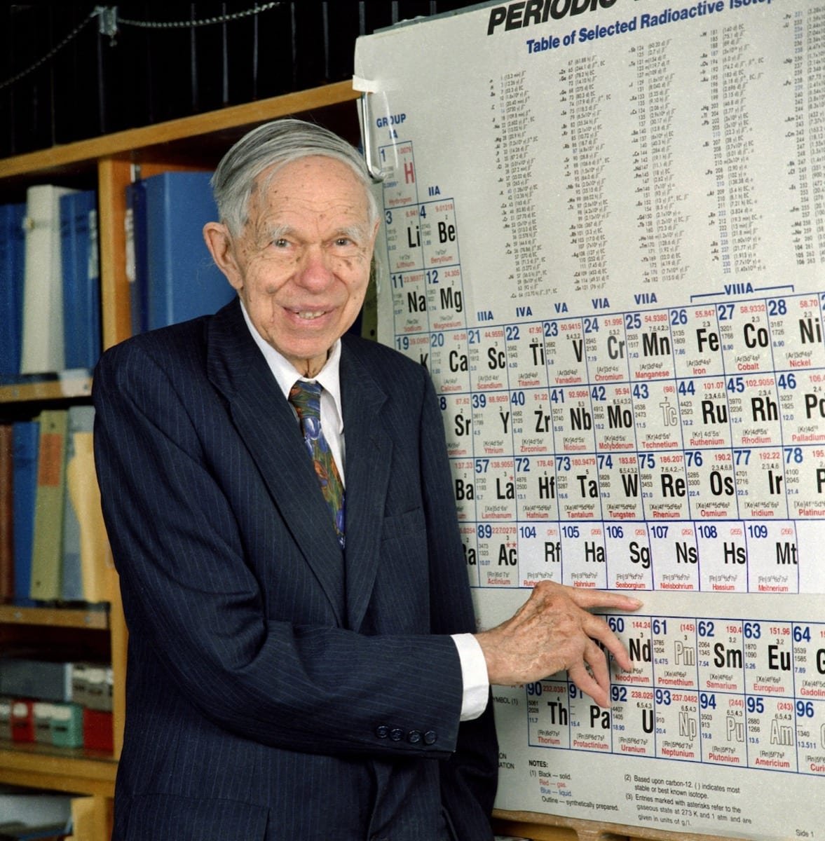 Glenn Seaborg señalando el elemento nombrado en su honor