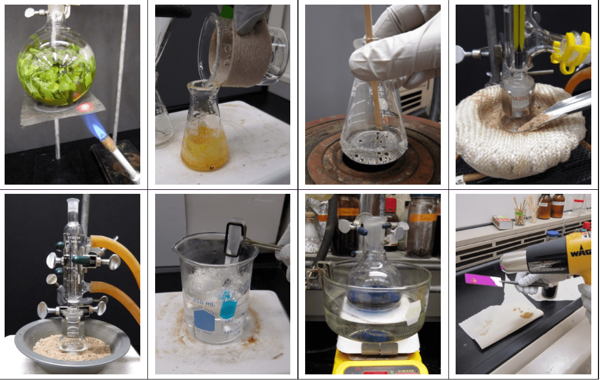 Imagen 1. Principales fuentes de calor y métodos de calentamiento en el laboratorio de química. Fila superior de izquierda a derecha mechero Bunsen, plancha de calentamiento, baño de vapor, manta de calentamiento. Fila inferior baño de arena, baño de María, baño de aceite, pistola de aire caliente.