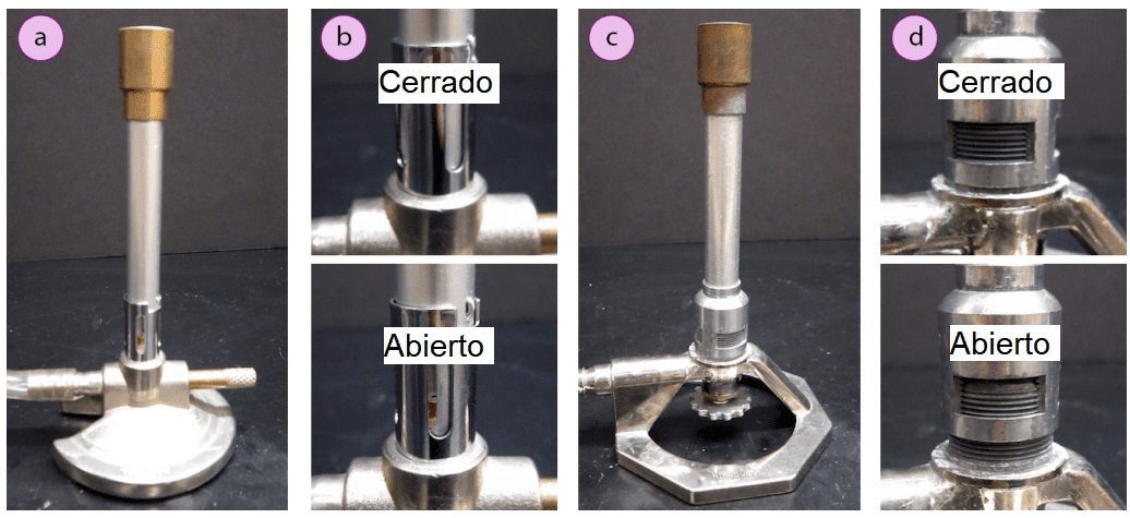 Imagen 10. Válvulas de aire y posiciones cerradas/parcialmente abiertas en dos estilos de mechero Bunsen: a+b) mechero Tirrill, c+d) mechero Bunsen