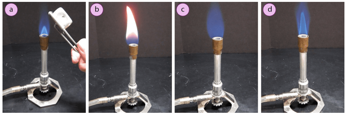 Imagen 11. a) Encender un mechero con un percutor, b) Demasiado anaranjado de una llama, c) Sin cono azul, d) Mechero bien ajustado.