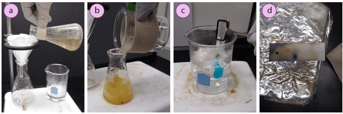 Imagen 12. Varios usos para placas de calentamiento: a) Filtración en caliente, b) Cristalización, c) Prueba de Benedict, d) Revelado de una placa TLC.