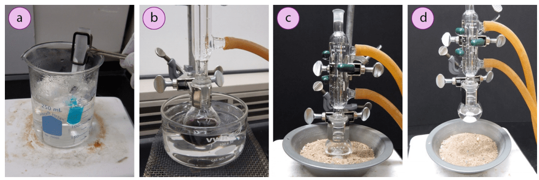 Imagen 18. a) Baño de agua hirviendo, b) Baño de agua para enfriar un aparato, c) Calentamiento de un balón con baño de arena, d) Permitir que un balón se enfríe.