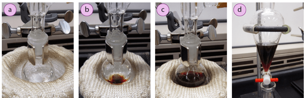 Imagen 4. a) Reacción de esterificación de Fischer utilizando una barra de agitación (la solución es incolora), b) Misma reacción utilizando piedras de ebullición, c) Misma reacción después de unos minutos de calentamiento, d) Dos capas oscuras en el embudo de separación como resultado de la solución oscurecida.