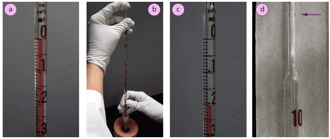 Imagen 11. a) Líquido rojo hasta la marca de 0 ml, b) reactivo de entrega, c) volumen final, d) pipeta volumétrica (la flecha indica la marca de llenado)