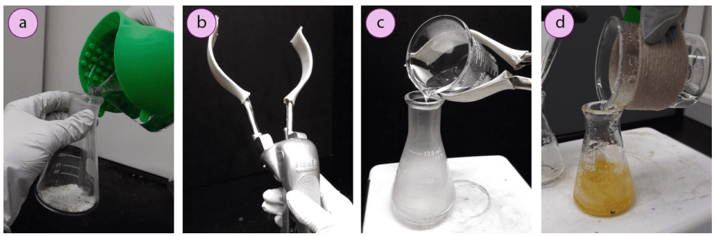 Imagen 12. Vertido de líquidos calientes con: a) protector de manos caliente, b+c) pinza para vasos de precipitados, d) toallero de papel.