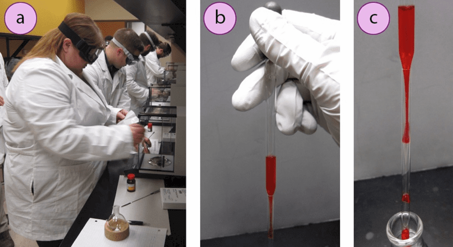 Imagen 2. a) Estudiantes transfiriendo reactivos sólidos en balanzas, b+c) Pipetear una solución en un tubo de vidrio estrecho (tubo de RMN).