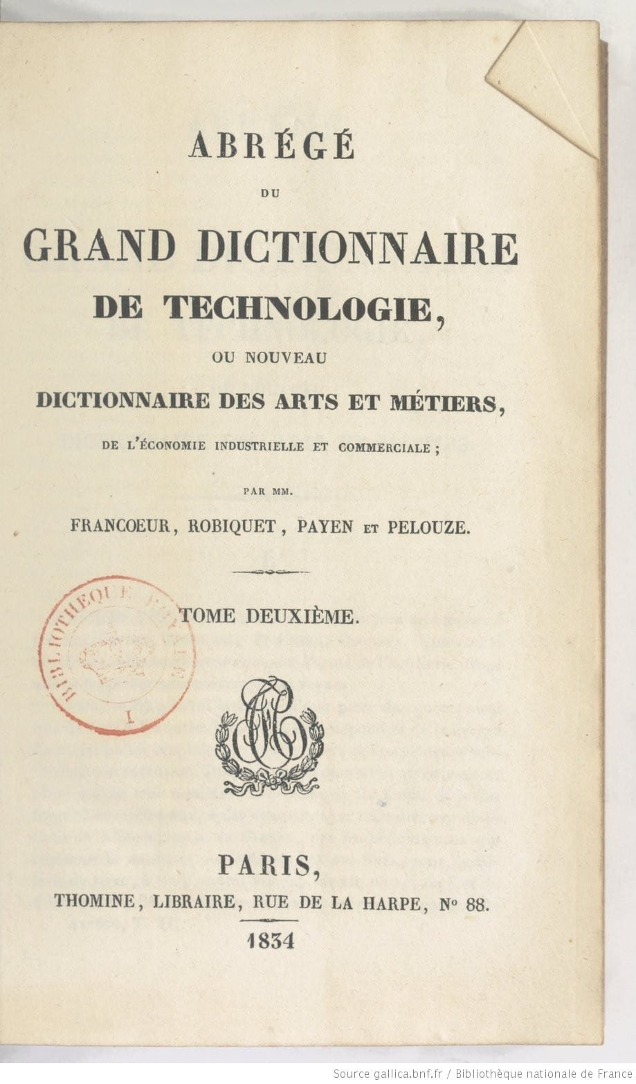 Primera página de uno de los tomos de Grand dictionnaire de technologie, donde Anselme Payen colaboró con diversos artículos