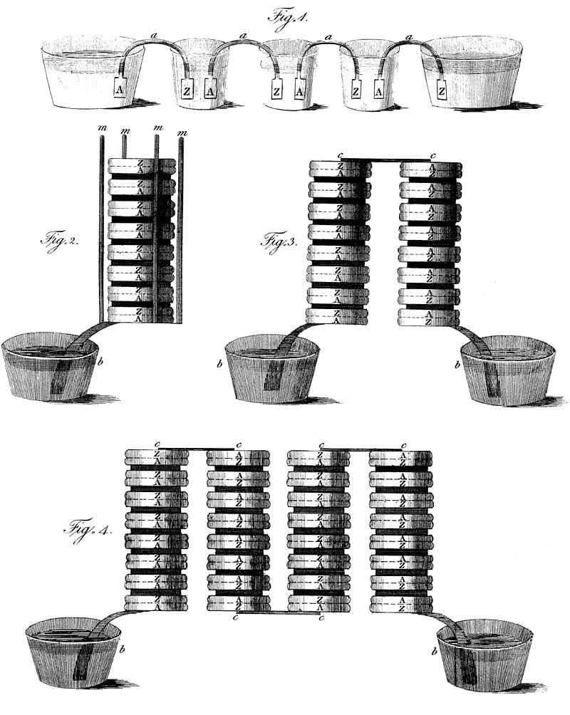 Dibujo de la pila voltaica en diferentes configuraciones, extraída de la carta enviada por Alessandro Volta a Sir Joseph Banks