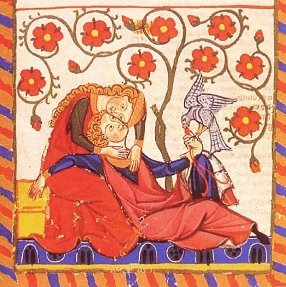 Amantes en el jardín, manuscrito Manesse circa. 1300. En esta obra se puede apreciar el uso de minio o rojo de plomo
