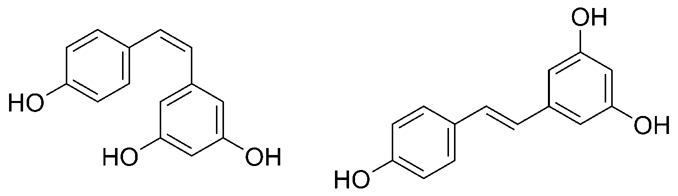 Estructuras químicas del cis- ((Z)-resveratrol, izquierda) y trans-resveratrol ((E)-resveratrol, derecha)
