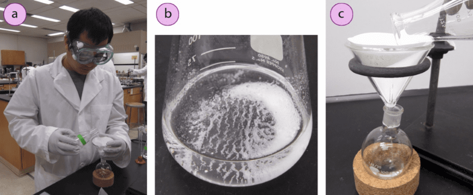 Imagen 3: a) Una solución orgánica secada con sulfato de magnesio anhidro, b) Filtración por gravedad de esta solución.
