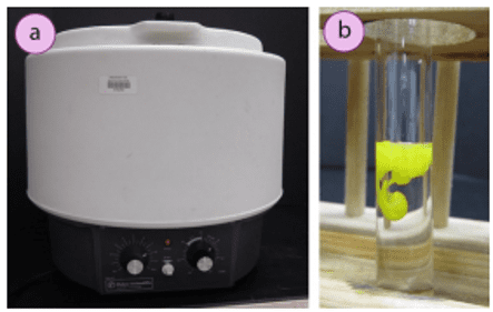 Imagen 1: a) Centrifugadora, b) Formación de yoduro de plomo sólido (II)