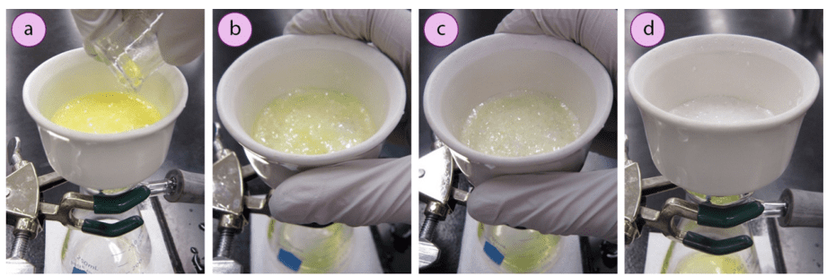 Imagen 3: Recuperación de acetanilida (cristales blancos) de una solución que contenía impurezas amarillas (rojo de metilo). Los cristales se tiñeron originalmente de amarillo (b), y el color se desvaneció después de enjuagar con agua fría (c+d).