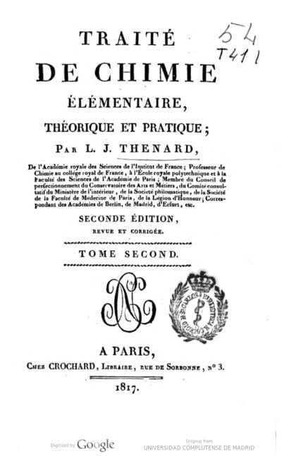 Primera pagina del Tratado elemental de química escrito por Thénard