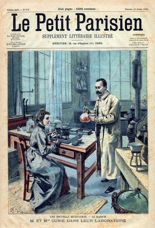 Portada de Le Petit Parisien, con un dibujo de los Curie y reportando el nuevo descubrimiento, el radio