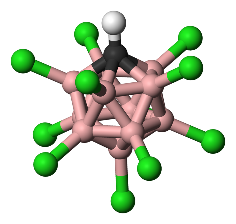 Modelo de bolas y palos de [CHB11Cl11]-. (No se muestra el protón ácido). hidrógeno - blanco, cloro - verde, boro - rosa, carbono - negro.