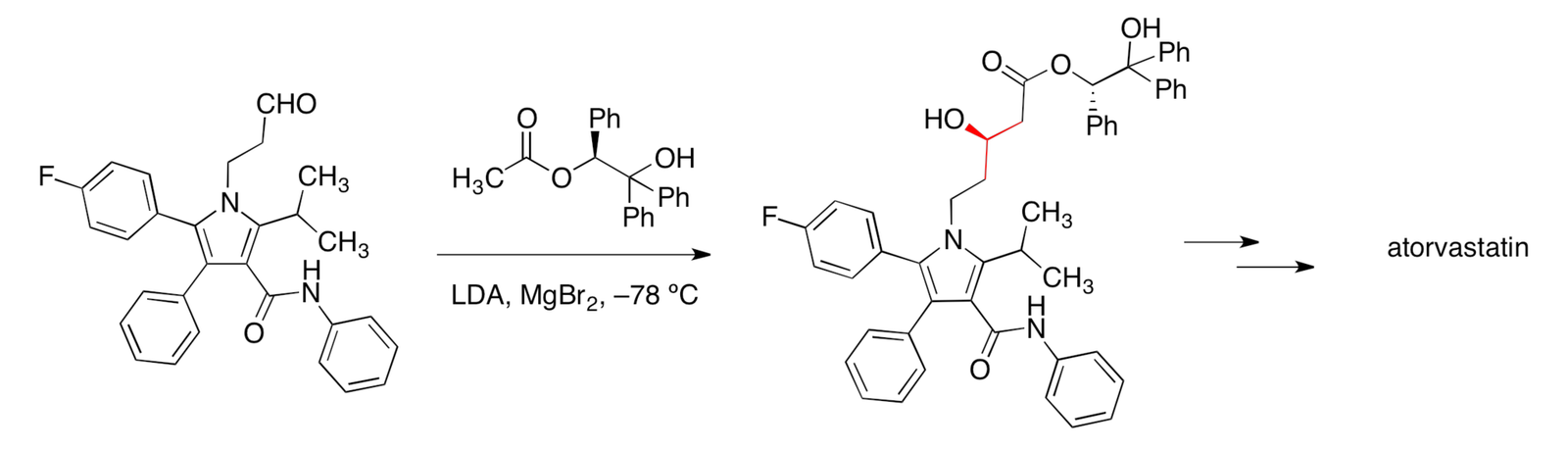 Síntesis de la atorvastatina durante el descubrimiento de la química. El paso clave para establecer estereocentros, usando un enfoque auxiliar de éster quiral.