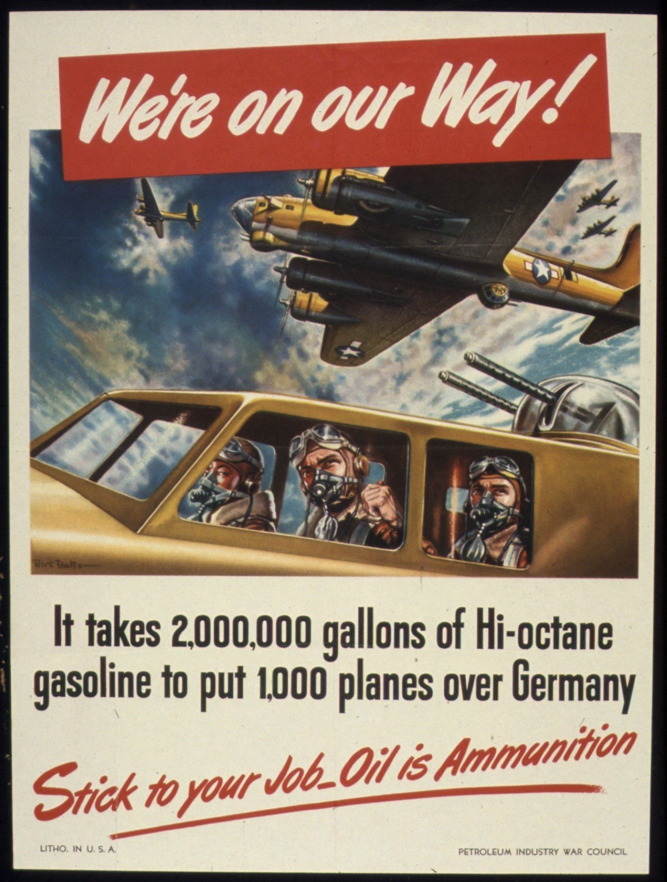 Propaganda de la segunda guerra mundial resaltando la importancia de la gasolina de alto octanaje