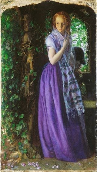 Amor de abril, &oacute;leo de Arthur Hughes que data de alrededor de 1855, durante la &laquo;d&eacute;cada malva&raquo;.