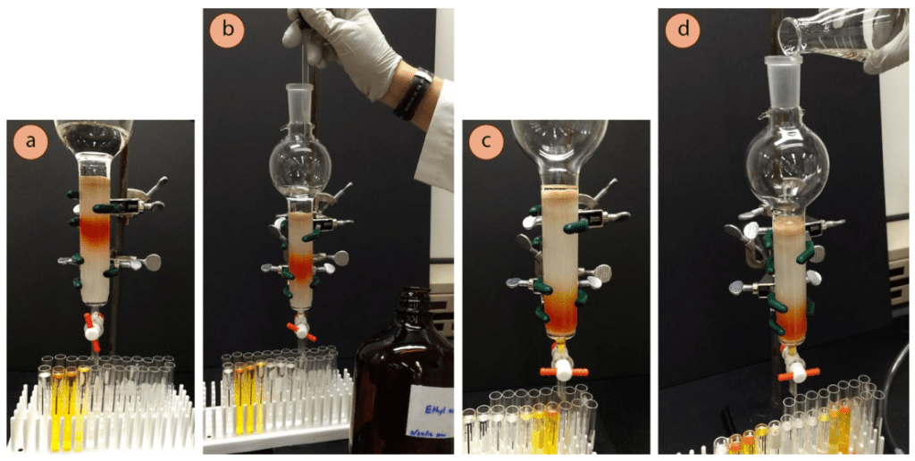 Figura 10: a) Elución, b) Adición de acetato de etilo para aumentar la polaridad del disolvente, c) Nivel de disolvente cerca de la capa de arena, d) Relleno.