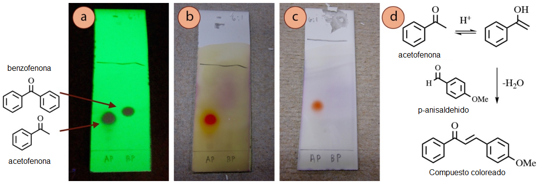 Figura 5: TLC de acetofenona (carril 1) y benzofenona (carril 2), utilizando hexano: acetato de etilo 6:1 y visualizado con: a) luz UV, b) tinción de p-anisaldehído, c) tinción de vainillina, d) una propuesta de reacción de la acetofenona con la tinción de p-anisaldehído.