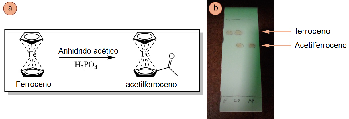 Figura 5: a) Esquema de reacción de la acetilación del ferroceno, b) Placa de TLC (visualizada con luz UV) con 3 carriles: F para el ferroceno puro, Co para el co-punto y AF para el producto de acetil-ferroceno.