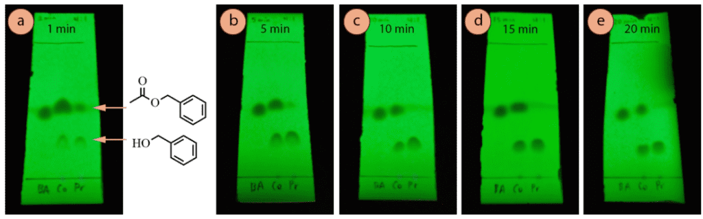 Figura 9: Monitoreo de la reacción de transesterificación de acetato de bencilo con TLC a incrementos de 5 minutos (usando como eluyente mezcla de hexanos: acetato de etilo 4:1 y visualizado con luz UV): a) Después de 1 minuto, b) 5 minutos, c) 10 minutos, d) 15 minutos, e) 20 minutos.