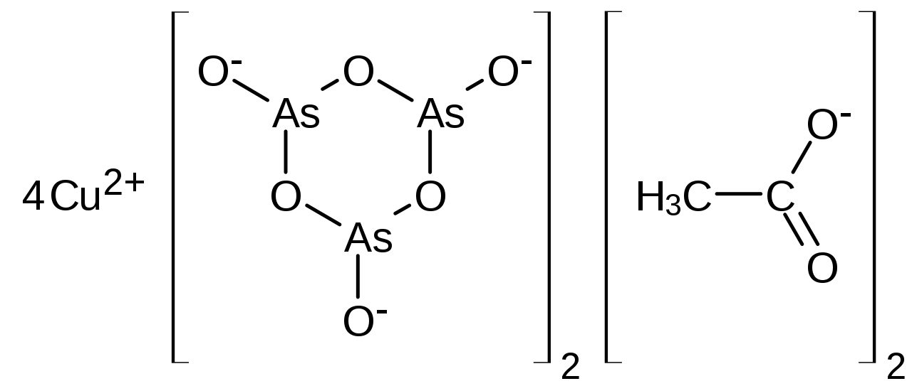 Estructura química del verde de París, triarsenita de acetato de cobre(II) o acetoarsenita de cobre(II)