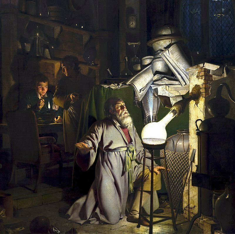 Ilustra del descubrimiento de fósforo por Hennig Brand en 1669. Pintura por Joseph Wright