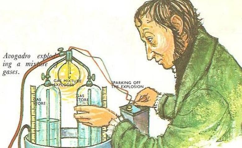 Ilustración de Amedeo Avogadro realizando un experimento con gases
