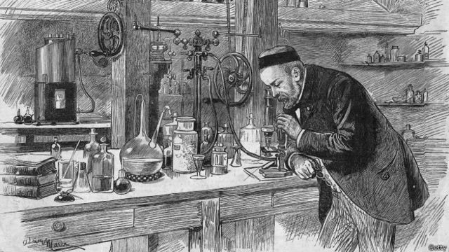Louis Pasteur en su laboratorio, grabado de 1880