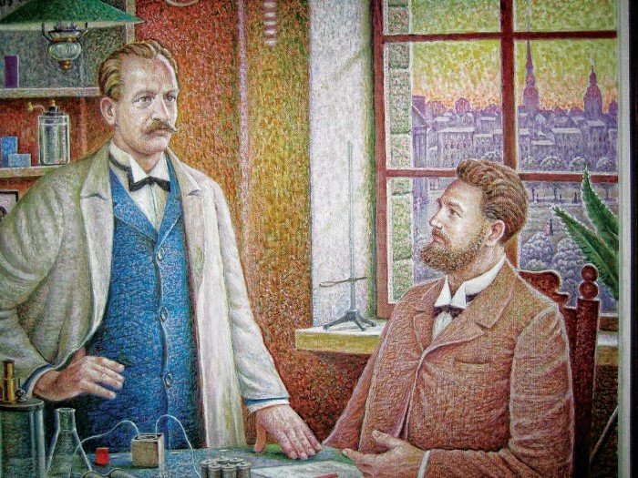 Paul Walden (izquierda) y Ostwald, su mentor y amigo, según lo pintado por Auseklis Bauskenieks.