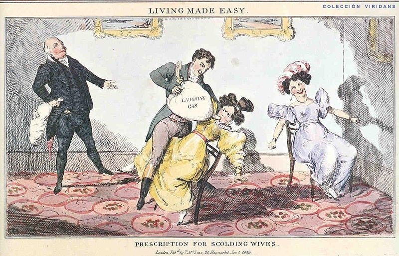 "LIVING MADE EASY" Un grabado satírico de 1830 que muestra a Humphry Davy administrando una dosis de gas de la risa a una mujer