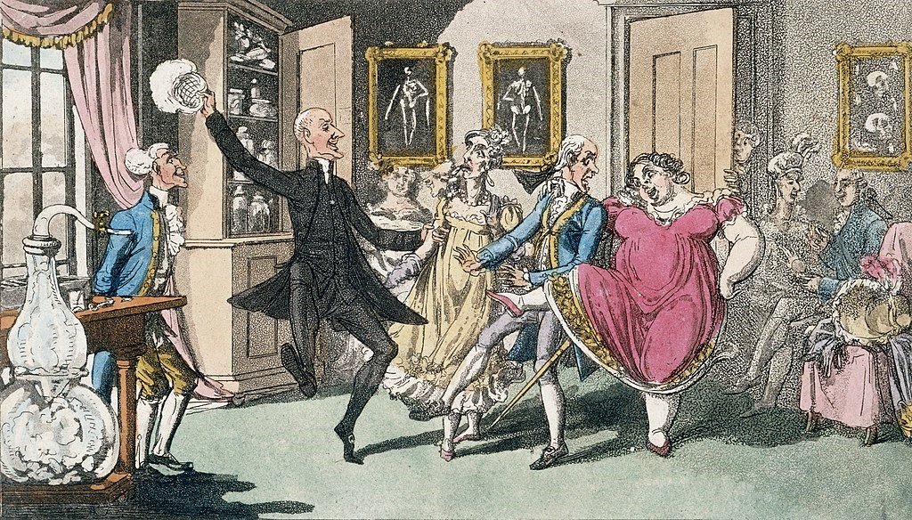 Representación en aguatinta de una fiesta de gas de la risa en el siglo XIX, por Thomas Rowlandson