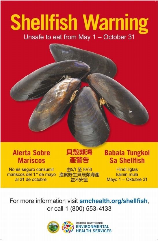 Poster de advertencia sobre la recolección de mariscos