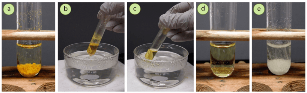 Figura 6: Comprobación de la cristalización de la N-bromosuccinimida (NBS) utilizando agua: a) NBS insoluble en agua fría, b+c) Disolución de NBS en agua caliente, d+e) Enfriamiento y cristalización (no fue necesario el baño de hielo, ya que volvieron los cristales).
