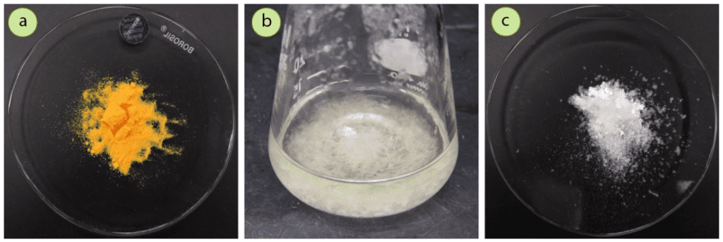 Figura 1: a) Una muestra antigua de N-bromosuccinimida (NBS), b) Cristalización de NBS utilizando agua caliente, c) NBS cristalizado.