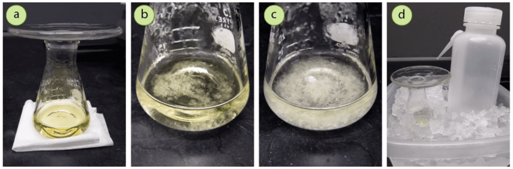 Figura 5: a-c) Enfriamiento y cristalización del NBS, d) Enfriamiento posterior en un baño de hielo junto con un poco de disolvente (en la botella) para el aclarado