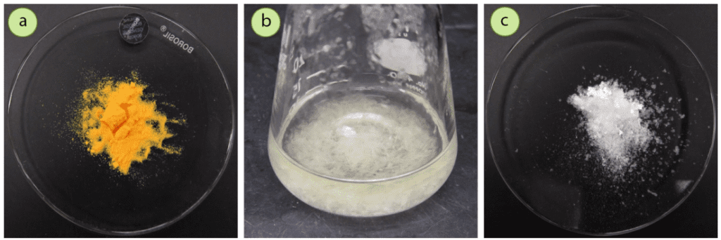 Figura 3: a) Una muestra antigua de N-bromosuccinimida (NBS), b) Cristalización de NBS utilizando agua caliente, c) NBS cristalizado.