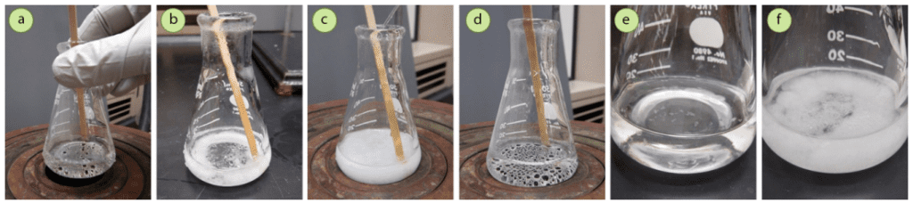Figura 1: a) Se utilizó la cantidad mínima de metanol/agua para disolver una muestra de ácido trans-cinámico, b) Al enfriar, el sólido se estrelló inmediatamente, c) La solución turbia se colocó de nuevo en la fuente de calor y se añadió metanol adicional, d) El sólido se disolvió, e+f) El sólido cristalizó más lentamente al utilizar más disolvente.