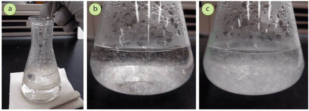 Figura 8: a) Raspado para iniciar la cristalización de la acetanilida en agua, b+c) Cristalización.