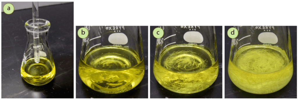 Figura 10: a) Una varilla de agitación de vidrio sumergida en una solución de benzil, y el sólido residual formado en la varilla después de la evaporación del disolvente de etanol, b-d) Cristalización, que comenzó después de que la varilla se agitara en la solución para desalojar los cristales semilla.