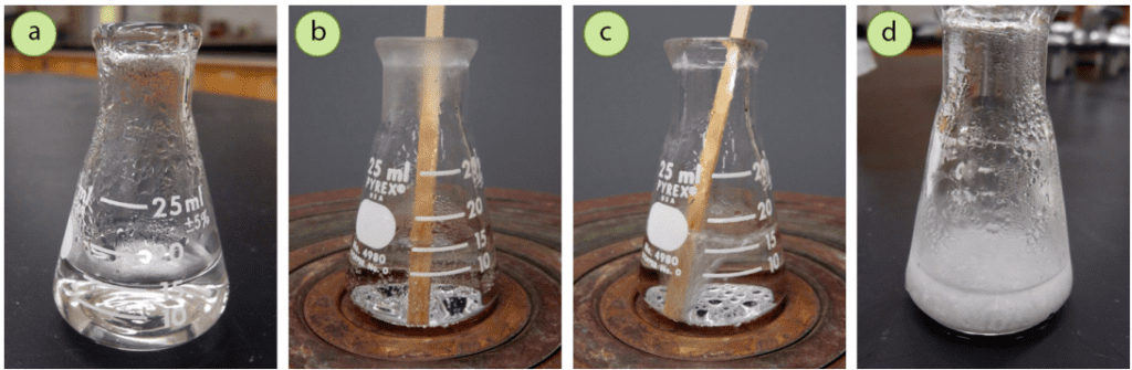Figura 11: a) No se forman cristales al enfriar, b+c) Reducción del volumen de disolvente en un baño de vapor, d) Se forman cristales al enfriar.