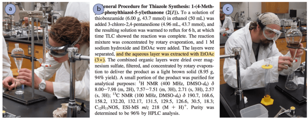 Figura 1: a+c) Estudiantes utilizando un embudo de separaci&oacute;n, b) Art&iacute;culo de la revista: K. A. Milinkevich, M. J. Kurth, J. Comb. Chem. 2008, 10, 521-525.