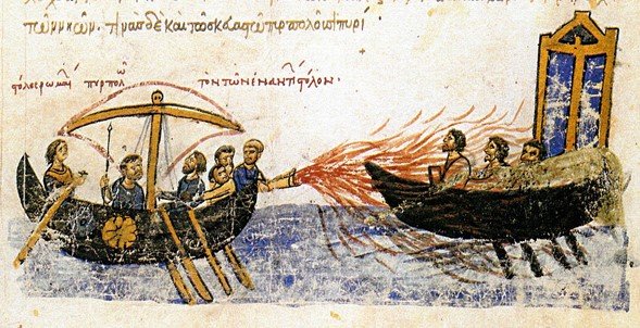 "La flota romana quema la flota contraria" -Un barco bizantino usando fuego griego contra un barco del rebelde Tomás el Eslavo, 821. Ilustración del siglo XII de los Skylitzes de Madrid