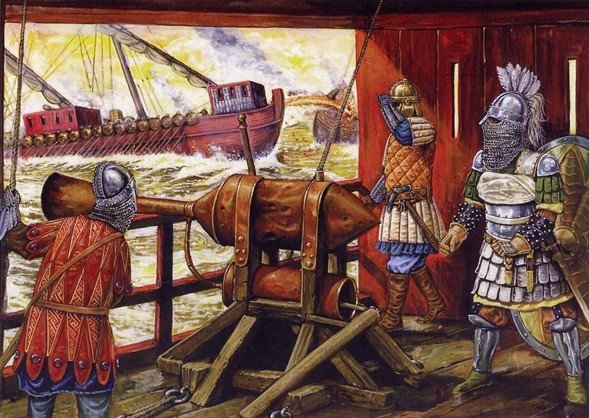 Representación del cañón de fuego griego en un buque de guerra