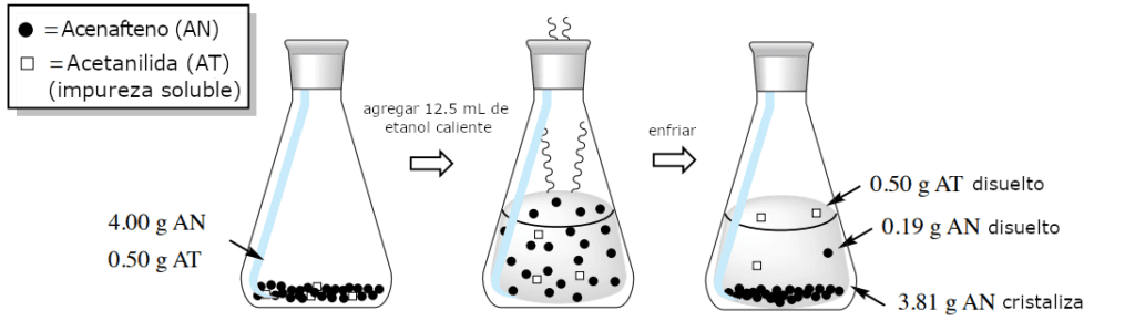 Figura 3: Cristalización de una muestra impura que contiene 4,00 g de acenafteno y 0,50 g de acetanilida a partir de etanol casi hirviendo. Esto representa una cristalización con una impureza "soluble".