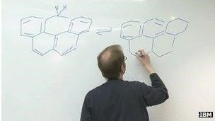 El profesor David Fox de la Universidad de Warwick dibujando la estrategia de síntesis del olimpiceno